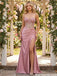 Chic Dusty Pink Satin Side Slit Prom Gown Featuring Sequin Bustier Bodice,OLP1892