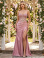Chic Dusty Pink Satin Side Slit Prom Gown Featuring Sequin Bustier Bodice,OLP1892