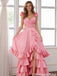 Sexy Pink Satin Prom Dress V Neck Cutout Waist Tiered Ruffle High Slit Gown,OLP2112