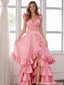 Sexy Pink Satin Prom Dress V Neck Cutout Waist Tiered Ruffle High Slit Gown,OLP2112