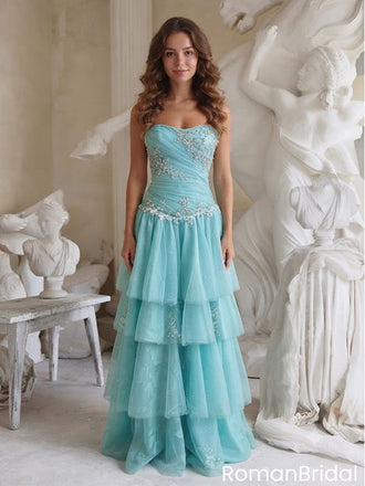 Unique Light Blue Tiered Tulle Party Dress Strapless A-Line Long Prom Dress,OLP2355