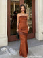 Sexy Rust Brown Satin Prom Dress Strapless Lace Inset Mermaid Evening Party Gown,OLP2152
