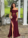 Burgundy Off Shoulder Prom Dress Ruched Chiffon Thigh Slit Sexy Party Gown,OLP2258