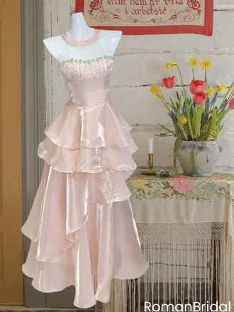 Beautiful Pink Ruffled Tiered Prom Gown Beaded Straps,OLP2097