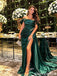 Sexy Emerald Green Satin Side Slit Prom Dress with Ruched Off-Shoulder Sleeves,OLP2245