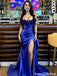 Classy Royal Blue Satin Prom Dress 3D Floral Bodice High Slit Formal Gown,OLP2236