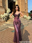 Sexy Purple Satin Mermaid Prom Dress Classy Black Floral Lace Overlay,OLP2194