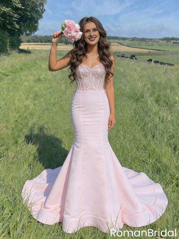 Unique Pink Mermaid Prom Dress Sparkly Sequin Bodice Sweetheart Formal Gown,OLP2185