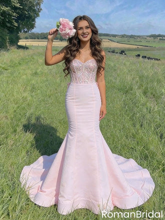 Unique Pink Mermaid Prom Dress Sparkly Sequin Bodice Sweetheart Formal Gown,OLP2185