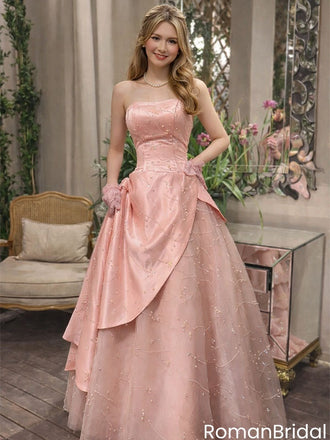 Elegant Dusty Rose Ball Gown Prom Dress Strapless Satin Drape Beaded Evening Gown,OLP2166