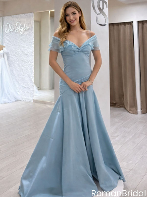 Elegant V Neck Off Shoulder Mermaid Prom Gown Dusty Blue Satin Chiffon,OLP1933