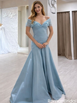Elegant V Neck Off Shoulder Mermaid Prom Gown Dusty Blue Satin Chiffon,OLP1933