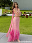 Modern Sexy Pink Sequin V-neck Slit Spaghetti Strap Long Prom Dress With Shimmering Ruffles,OLP2294