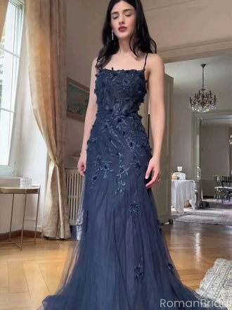 Unique Navy Blue Spaghetti Strap Mermaid Long Prom Dress Ideas, Evening Party Dresses, OLP1275