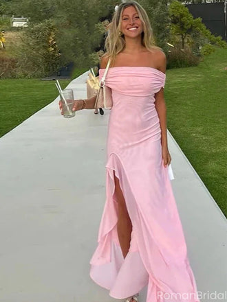 Elegant Pink Off-Shoulder Mermaid Side Slit Long Prom Dress Ideas, Evening Party Dresses, OLP1458