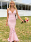 Chic Mermaid Pink Prom Gown Deep V-Neck Ruffled Trumpet Skirt Formal Wear,OLP1777