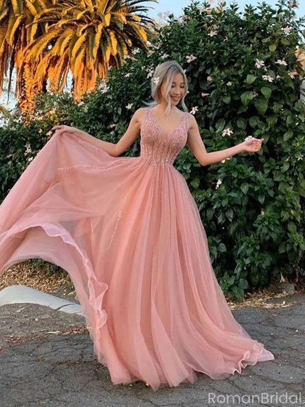Elegant Pink V-Neck A-Line Long Prom Dress Ideas, Evening Party Dresses, OLP1471