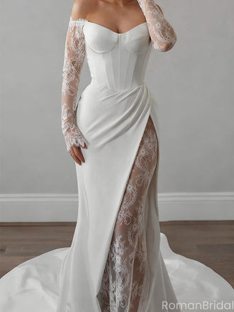 Elegant White Long Sleeve Lace Mermaid Long Wedding Dresses With Sweep Trailing,WD0560