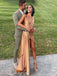 Elegant Gold One-Shoulder Mermaid Side Slit Long Prom Dress Ideas, Evening Party Dresses, OLP1248
