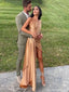 Elegant Gold One-Shoulder Mermaid Side Slit Long Prom Dress Ideas, Evening Party Dresses, OLP1248