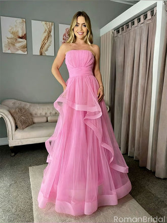 Elegant Pink Tulle Ball Gown Strapless Tiered Skirt Prom Party Dress Long,OLP1836