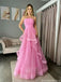 Elegant Pink Tulle Ball Gown Strapless Tiered Skirt Prom Party Dress Long,OLP1836