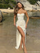 Sexy White Strapless Satin Mermaid Prom Dress with High Slit Detail,OLP1794