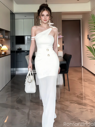 Elegant White One-Shoulder Mermaid Long Prom Dress Ideas, Evening Party Dresses, OLP1444