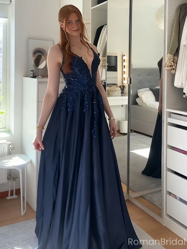 Sexy Navy Blue Spaghetti Strap A-Line Long Prom Dress Ideas, Evening Party Dresses, OLP1408