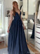 Sexy Navy Blue Spaghetti Strap A-Line Long Prom Dress Ideas, Evening Party Dresses, OLP1408