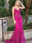 Elegant Fuchsia Lace Mermaid Prom Dress Sheer Corset Bodice Spaghetti Strap Formal Gown,OLP1744