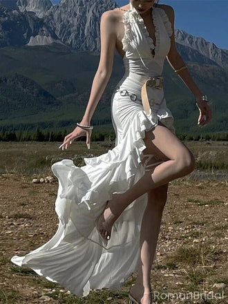 Elegant White V-Neck Mermaid Side Slit Floral Long Prom Dress Ideas, Evening Party Dresses, OLP1345