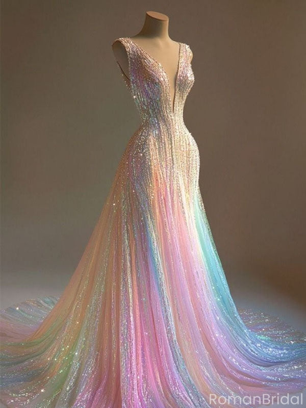 Sparkly V-Neck Mermaid Long Prom Dress Ideas, Evening Party Dresses, OLP1536