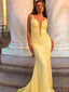Unique Yellow Lace Applique Mermaid Prom Dress with Deep V-Neck Formal Gown,OLP1752