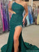 Elegant Green One-Shoulder Mermaid Side Slit Long Prom Dress Ideas, Evening Party Dresses, OLP1383