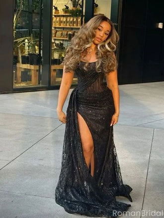 Sexy Black Sweetheart Mermiad Side Slit Long Prom Dress Ideas, Evening Party Dresses, OLP1291