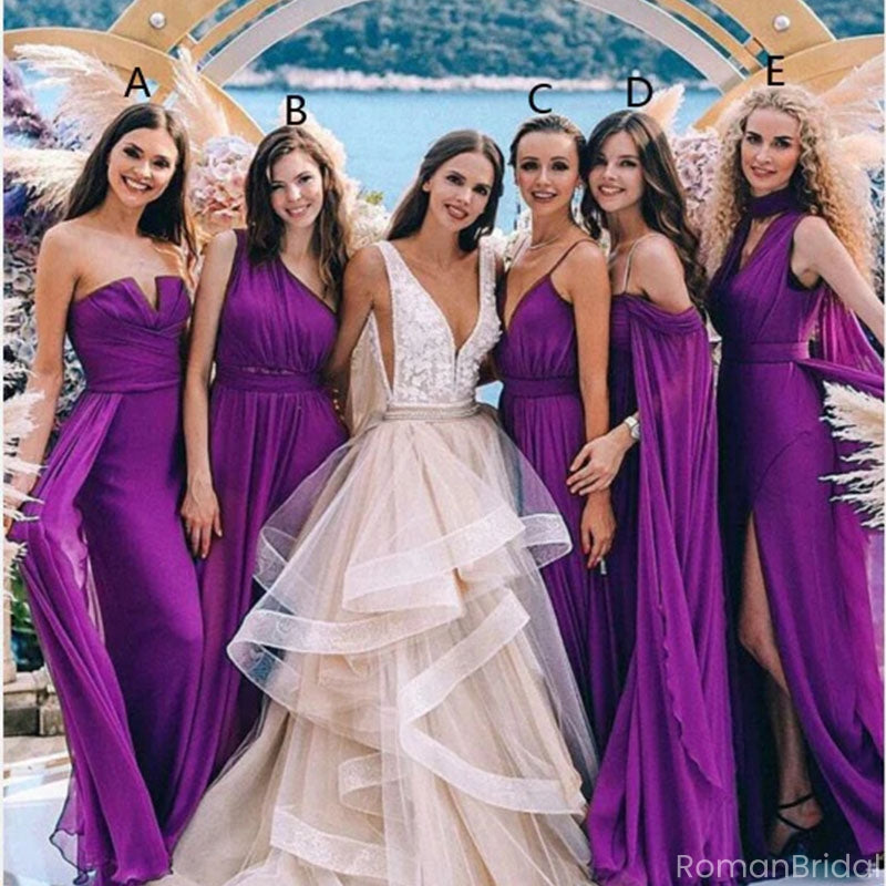 Elegant Mismatched Purple Sleeveless A-Line Long Bridesmaid Dresses Online, BG902