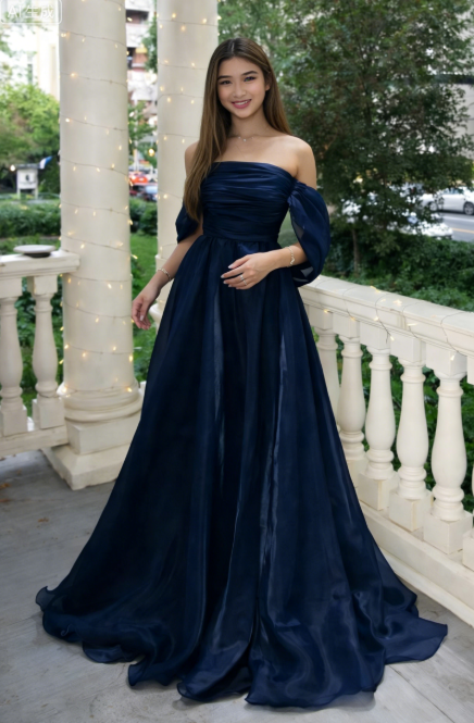 Formal Navy Off-shoulder Sleeveless A-line Satin Long Prom Dresses Online, OLP615