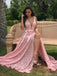 Elegant Pink V-Neck Side Slit Long Prom Dress Ideas, Evening Party Dresses, OLP1571