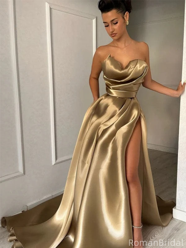 Fancy Gold Satin Strapless High Slit A-Line Formal Dresses, Long Prom Dresses,OLP1710