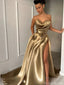 Fancy Gold Satin Strapless High Slit A-Line Formal Dresses, Long Prom Dresses,OLP1710
