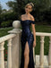 Classy Navy Blue Sequin Prom Dress Off the Shoulder Ruched Sparkly Mermaid Gown,OLP1847