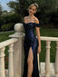 Classy Navy Blue Sequin Prom Dress Off the Shoulder Ruched Sparkly Mermaid Gown,OLP1847