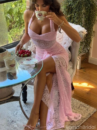 Classy Pink Lace Mermaid Prom Dress with Sexy High Slit and Halter Neck Sheer Bodice,OLP1759