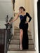 Unique Black One-Shoulder Mermaid Side Slit Long Prom Dress Ideas, Evening Party Dresses, OLP1609