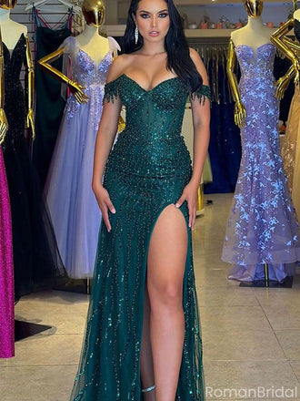 Elegant Green Off-Shoulder Mermaid Side Slit Long Prom Dress Ideas, Evening Party Dresses , OLP1227