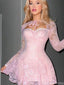 Sexy Pink Sweetheart Long Sleeve Lace A-Line Short Homecoming Dresses For Party,HD1144