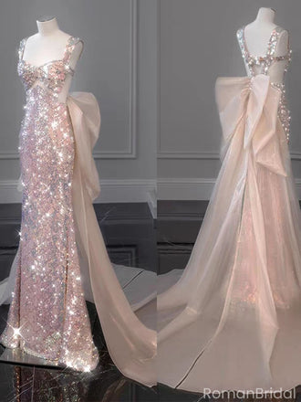 Shiny Pink Spaghetti Strap Mermaid Long Prom Dress Ideas, Evening Party Dresses, OLP1371