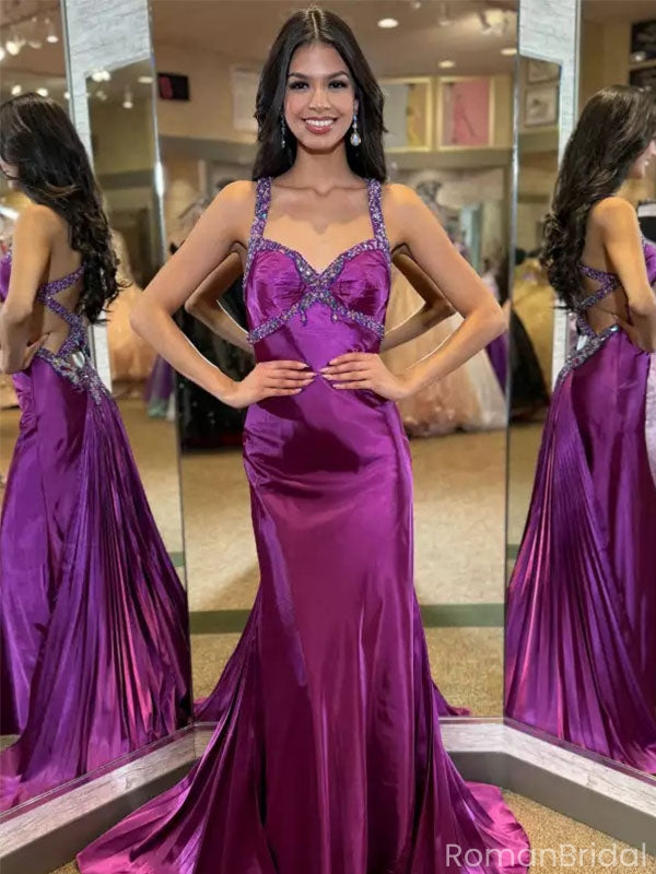 Unique Purple Spaghetti Strap Mermaid Side Slit Long Prom Dress Ideas, Evening Party Dresses, OLP1664