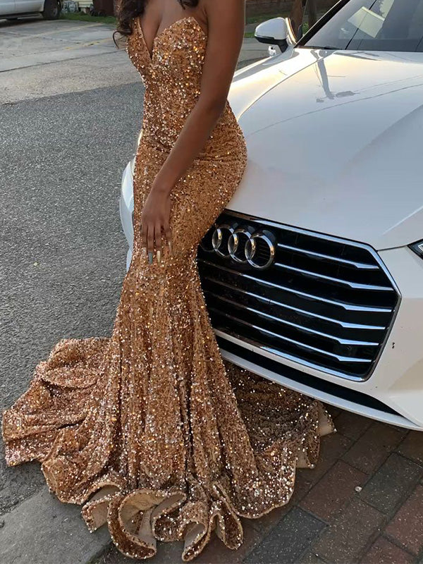 Shiny V-neck Sleeveless Mermaid Sequin Gold Long Evening Prom Dresses Online, OLP661